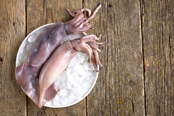 Fresh raw whole squids in a white dish with ice on an old wooden background. Rustik style. Top...