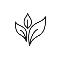 Black isolated outline icon of leaf, plant on white background. Line Icon of leaf.