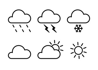 Set of black isolated outline icons of weather on white background. Line icons of meteorological symbols. Flat design. Sun, snow, rain, thunderstorm, cloud.