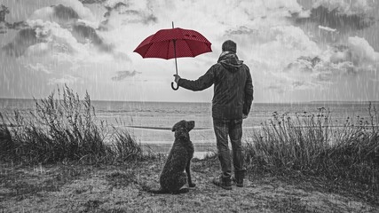 Mann schützt Hund vor dem Regen mit einem Regenschirm, Symbol für Freundschaft