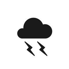 Black isolated icon of cloud with lightning on white background. Silhouette of thunder, thunderstorm. Flat design.
