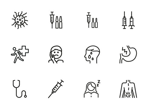 Diseases line icon set. Set of line icons on white background. Healthcare concept. Syringe, injection, bacteria, person, pain. Illustration can be used for topics like medicine, health, treatment