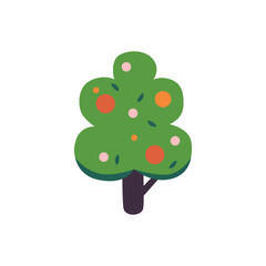 Vector abstract green tree with wide foliage and fruits, symbol of nature, ecology and organic products. Forest or garden plant with summer leaves. Isolated cartoon illustration