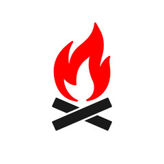 Black isolated icon of bonfire, flame on white background. Silhouette of red fire. Flat design.