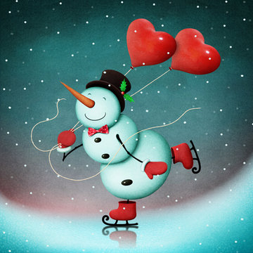 Winter Holiday Greeting Card or poster with  snowman skater for Christmas, New Year or Valentine's Day. 