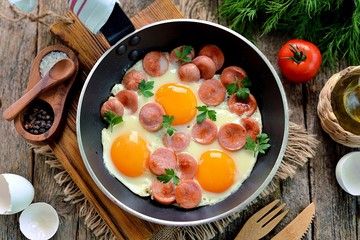 Homemade fried eggs with sausages in a frying pan on wooden background. Classic breakfast. Top view.