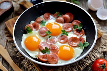 Homemade fried eggs with sausages in a frying pan on wooden background. Classic breakfast. Top view.