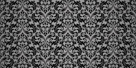 Panele Szklane  Tapeta w stylu barokowym. Bezszwowe tło. Czarny i szary kwiatowy ornament. Wzór graficzny na tkaninę, tapetę, opakowanie. Ozdobny ornament z kwiatów adamaszku