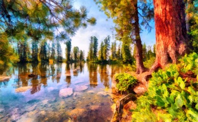 Watercolor landscape with river in the forest. Digital painting structure