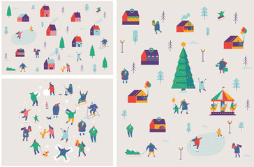 Winter outdoor activities vector set. Winter season background people characters. People have fun. Flat vector illustration.