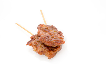 Couple of Thai style roasted pork stick on isolated white background.