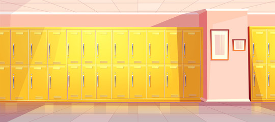 Vector cartoon school or college corridor with bright yellow lockers for students, pupils. University passage, hallway with wardrobes, changing room. Background with pink walls, tile floor. © vectorpouch
