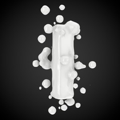 3d letter I uppercase. Milk font with drops isolated on black background
