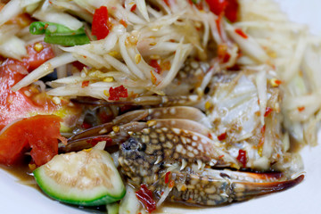 green papaya salad, papaya salad with salted crab and fermented Fish, spicy papaya salad with raw crab, sliced green papaya salad mixed with condiments, thai somtam poo, som-tam-poo-pa-ra (thai word)