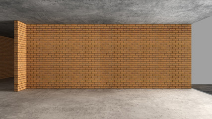 Interior of a new house under construction, home renovation, brick walls, concrete flooring, architecture engineering concept background with copy space,