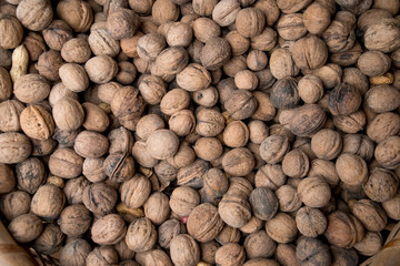 Walnuts with and without shells (filling the picture). Background of fresh walnuts.