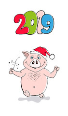 Vector illustration, Happy New Year 2019 funny card design with cartoon pig print. Merry Christmas
