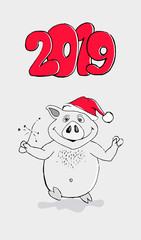 Vector illustration, Happy New Year 2019 funny card design with cartoon pig print