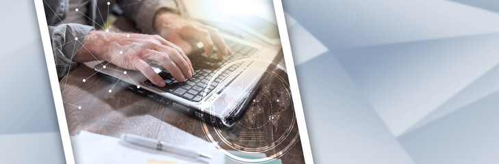 Businessman working on laptop, double exposure, light effect. panoramic banner
