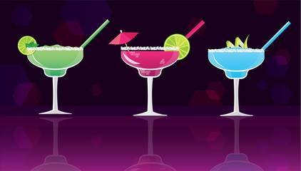 Margarita  classic, Fresh Blackberry Margarita and Moonlight Margarita coctails