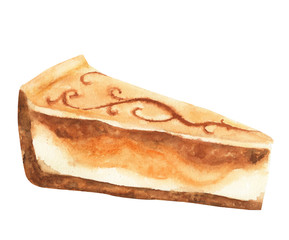 Hand drawn watercolor illustration piece of caramel cheesecake isolated on white background