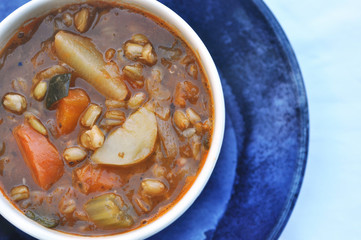 Barley and Vegetable winter soup with potato, carrots, beans, celery
