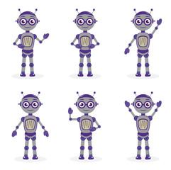 Cartoon robot mascot set of objects in flat style. Robots character collection. Isolated on white background. Vector illustration.