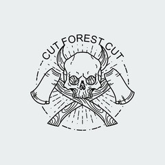 Vector illustration of black and white tattoo graphic human skull with axes and horns