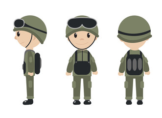 Cartoon soldier mascot set of objects in flat style. Soldiers character collection. Isolated on white background. Vector illustration.