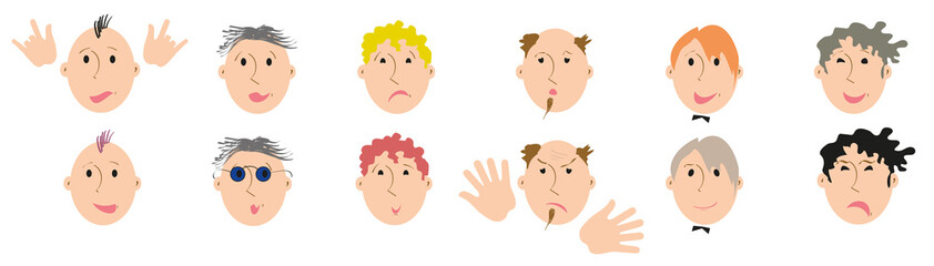 Set of 12 different types of male faces, hairs, beards and emotions