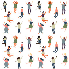 Fototapeta na wymiar Seamless background with multiracial women of different figure type and size dressed in comfort wear. Female cartoon characters pattern. Body positive movement and beauty diversity. Vector 