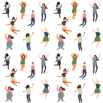 Seamless background with multiracial women of different figure type and size dressed in comfort wear. Female cartoon characters pattern. Body positive movement and beauty diversity. Vector 