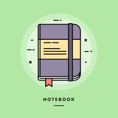 Notebook, flat design thin line banner, usage for e-mail newsletters, web banners, headers, blog posts, print and more. Vector illustration.