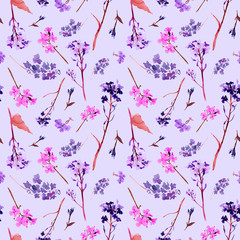 Hand drawn watercolor seamless pattern with field and meadow pink and red flowers and herbs on lilac background