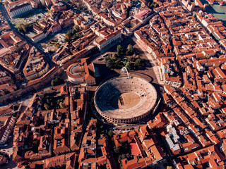 Aerial view Cityscape of Verona city and Arena, Italy drone.