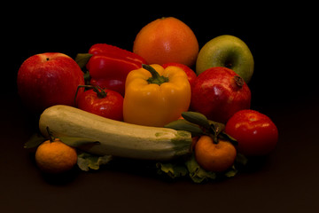 fresh vegetables, fresh fruits, tomatoes, salads, bell peppers, sweet peppers, set, vegetable group, fruit group