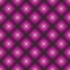 Seamless square pattern from geometrical abstract ornaments multicolored in purple shades on a pink background. Vector illustration. Suitable for fabric, wallpaper and wrapping paper