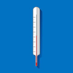 Medical thermometer icon with long shadow. Flat design style. Medical thermometer silhouette. Simple icon. Modern flat icon in stylish colors. Medicine symbol.