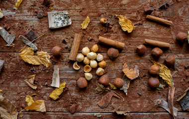 top view of  shelled hazelnuts on wood