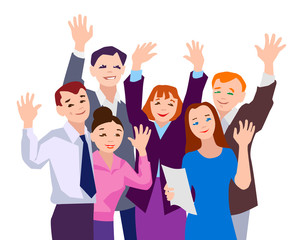 Fototapeta premium Vector illustration of business team waving to camera.