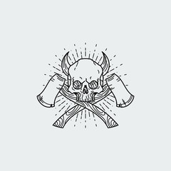Vector illustration of black and white tattoo graphic human skull with axes and horns