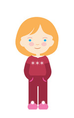 Flat design cartoon illustration of little girls with blond hair and blue eyes. Red sweater with snowflakes. Isolated on white background, vector