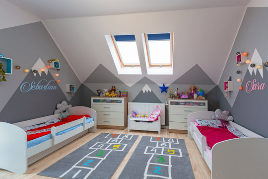 Modern Bedroom For Boy And Girl With Furnitures And Toys