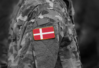 Flag of Denmark on soldiers arm. Flag of Denmark on military uniforms (collage).
