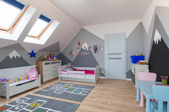 Modern Bedroom For Boy And Girl With Furnitures And Toys