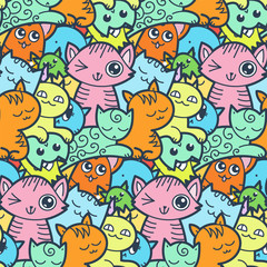 Naklejka premium Funny doodle cats and kittens seamless pattern for prints, designs and coloring books
