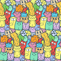 Obraz na płótnie Canvas Funny doodle cats and kittens seamless pattern for prints, designs and coloring books