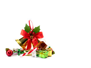 Christmas decoration items with small elements. flat lay decoration isolated on white background. Attributes of the New Year.