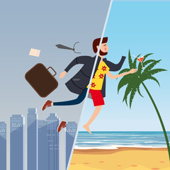Businessman travels from winter to summer, from a gray winter city to a tropical resort, for advertising, ads, card, poster, template, cartoon style, greeting card, illustration, vector, banner