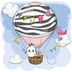 Tuinposter Dieren in luchtballon Schattige Zebra vliegt op een heteluchtballon